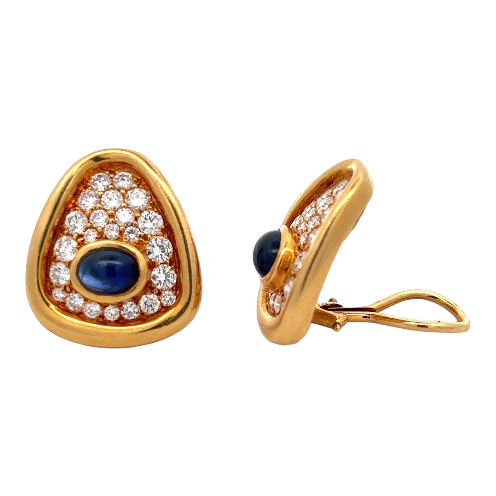 Modern Diamond Blue Sapphire 18 Karat Yellow Gold Estate Earclip Earrings For Sale