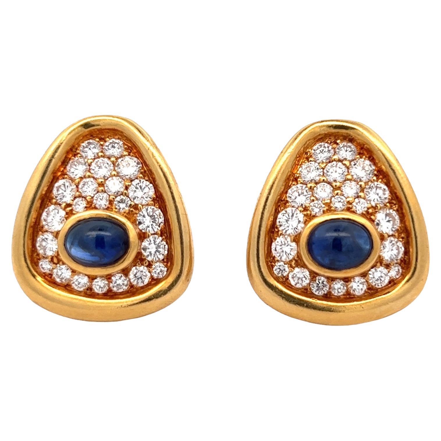 Diamond Blue Sapphire 18 Karat Yellow Gold Estate Earclip Earrings For Sale