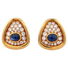 Retro Diamond Blue Sapphire 18 Karat Yellow Gold Estate Earclip Earrings