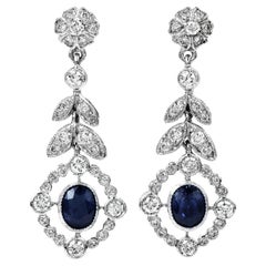 Diamond Blue Sapphire 18k White Gold Flower Dangle Drop Earrings