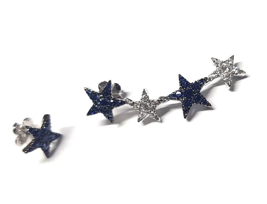 Contemporary Diamond Blue Sapphire 18 Karat White Gold Stars Made in Italy Earrings