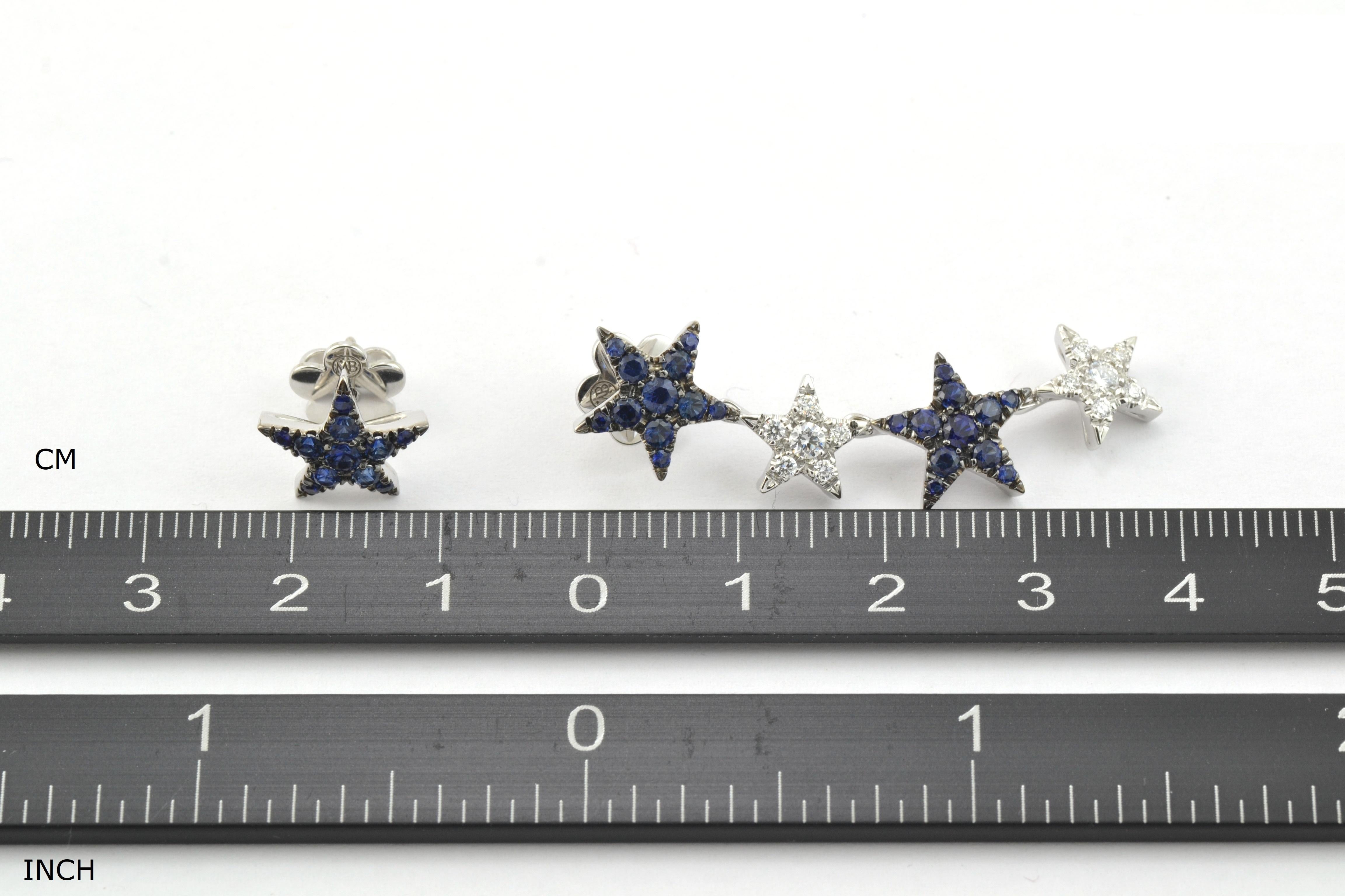 Round Cut Diamond Blue Sapphire 18 Karat White Gold Stars Made in Italy Earrings