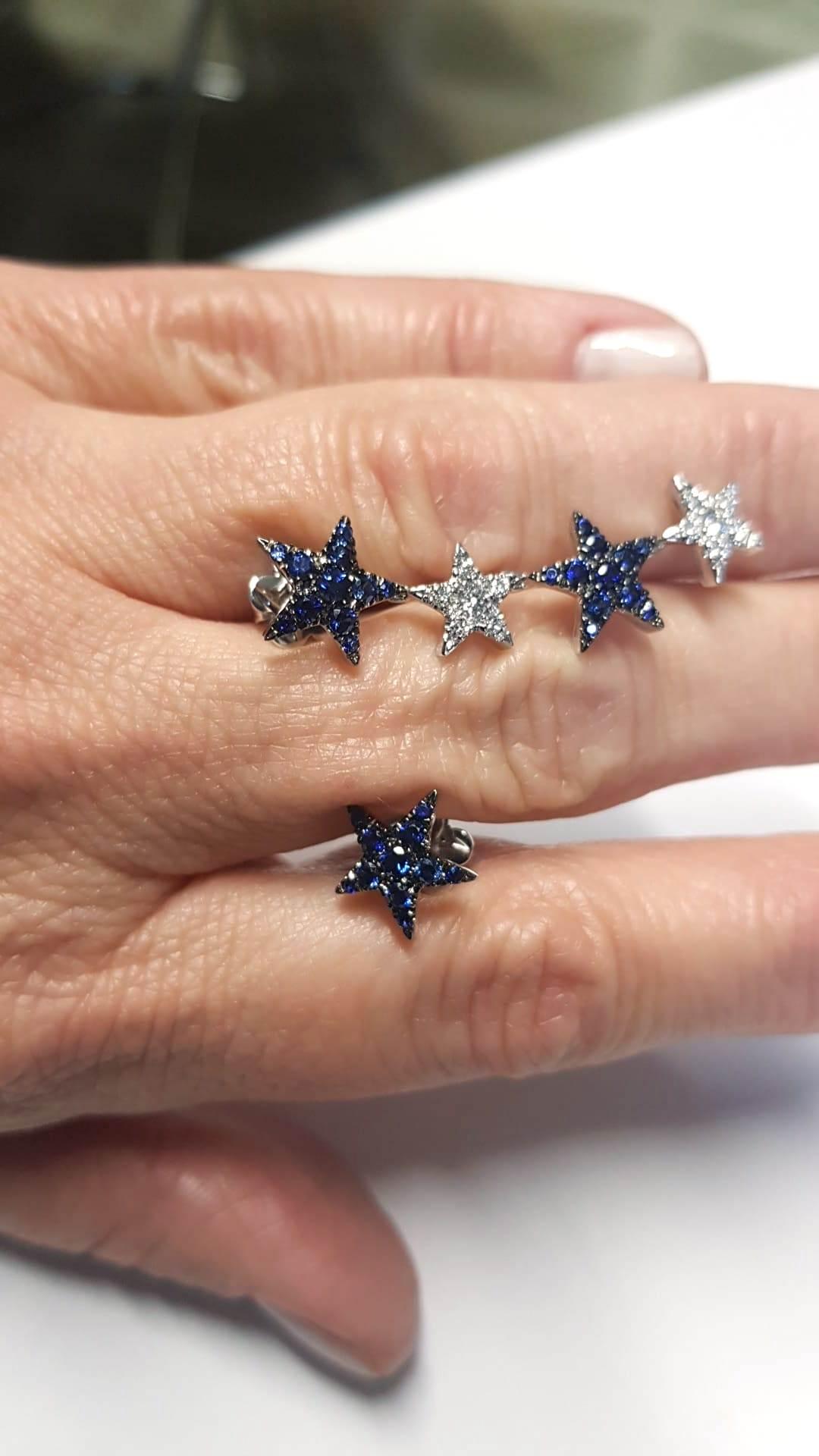 Women's Diamond Blue Sapphire 18 Karat White Gold Stars Made in Italy Earrings
