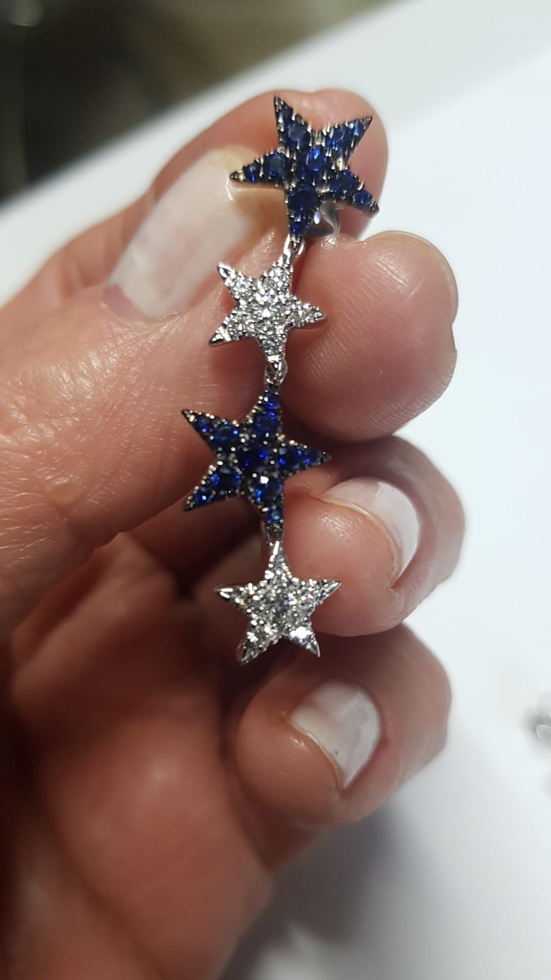 Diamond Blue Sapphire 18 Karat White Gold Stars Made in Italy Earrings 1