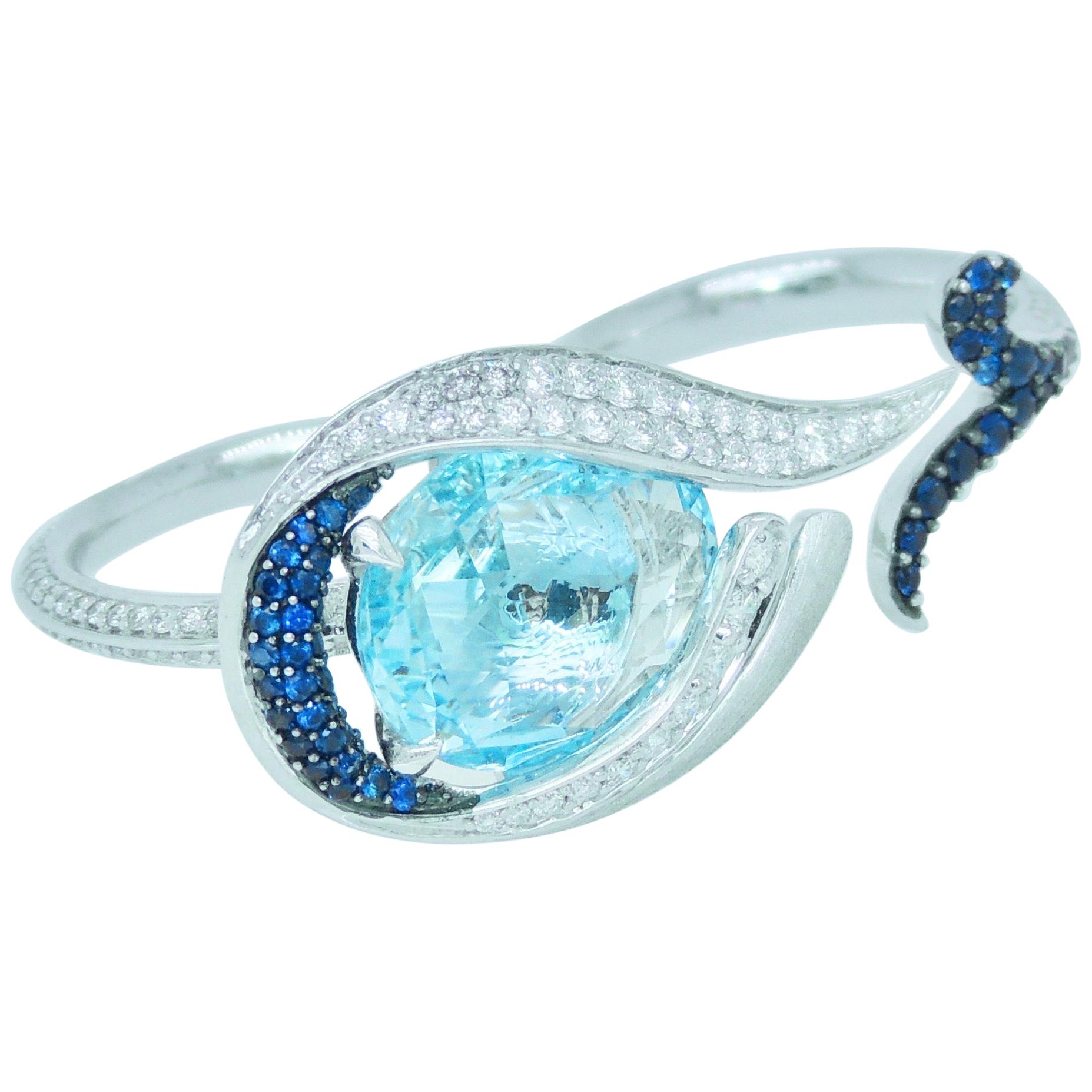 Diamond, Blue Sapphire and Aquamarine Ring in 18 Karat White Gold For Sale