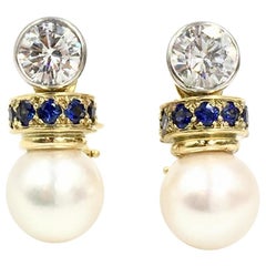 Diamond, Blue Sapphire and Pearl Drop Platinum and 18 Karat Earrings