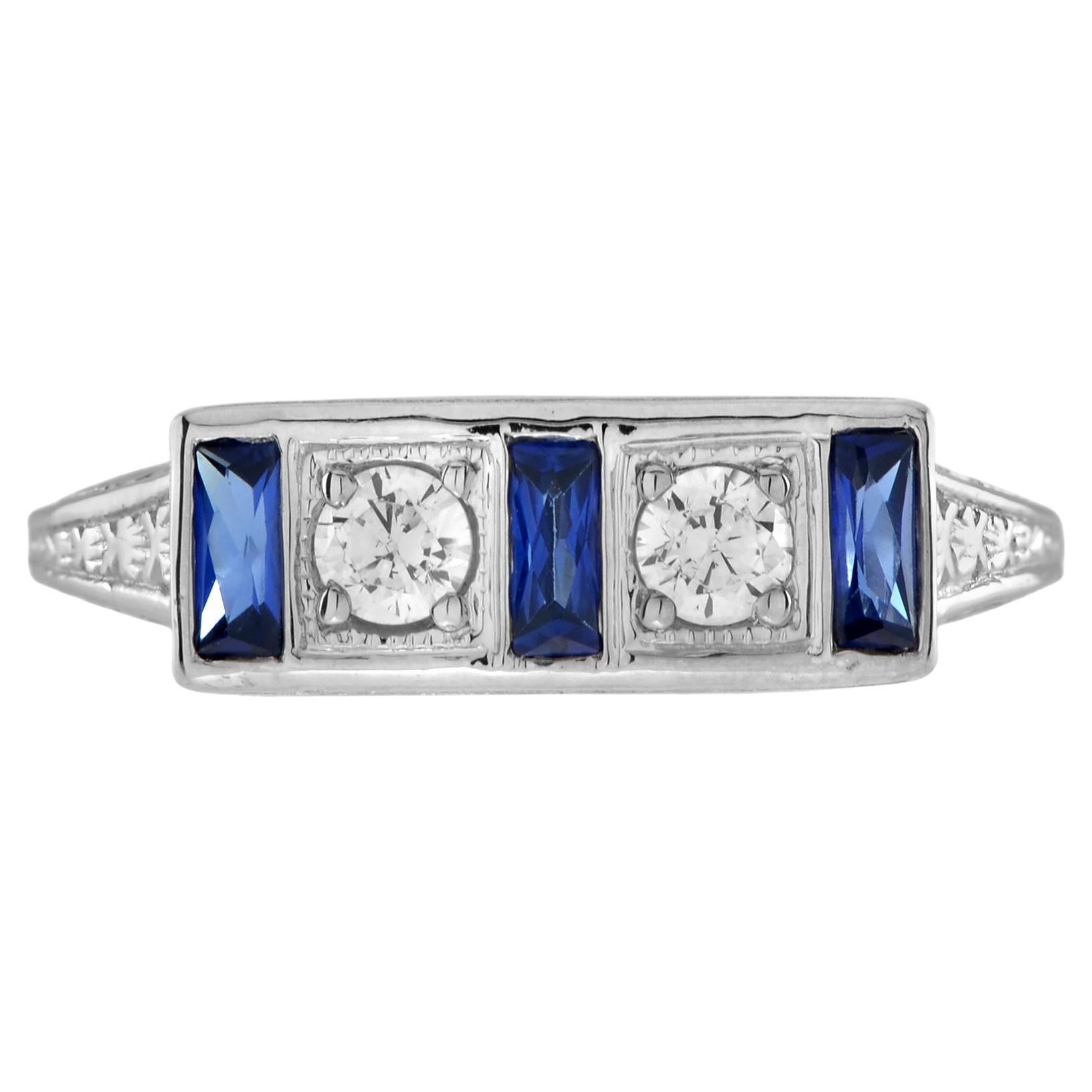 Bague en or blanc 14K avec diamant et saphir bleu de style ancien