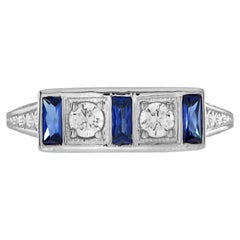 Bague en or blanc 14K avec diamant et saphir bleu de style ancien