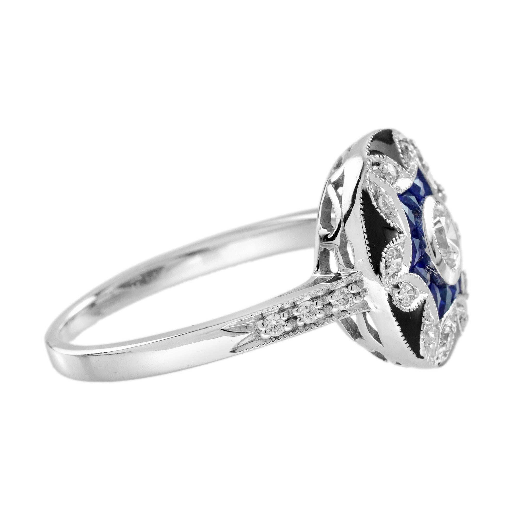 Taglio rotondo Anello con diamante e zaffiro blu, stile antico, con smalto floreale e aureola in oro bianco 18 carati in vendita