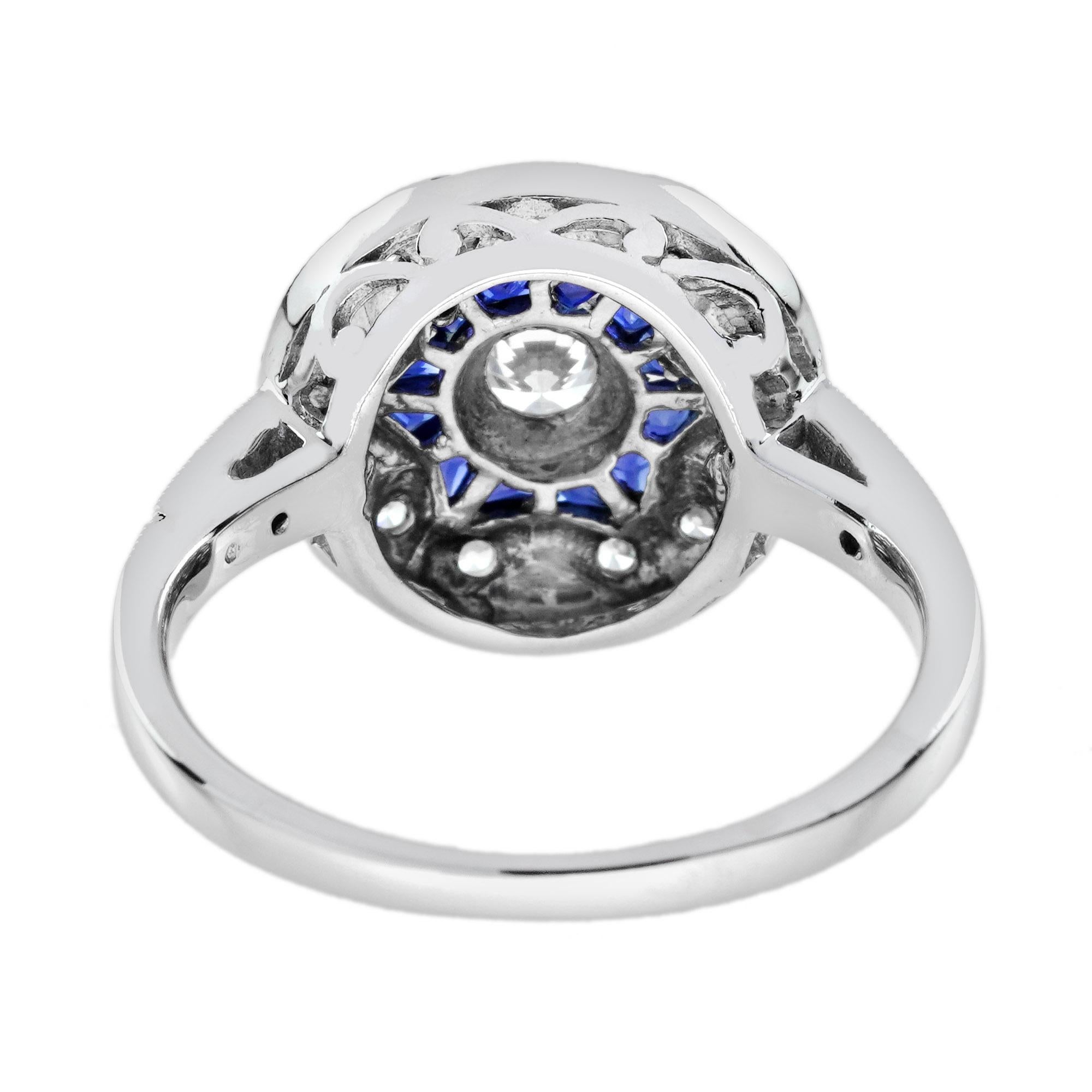 Anello con diamante e zaffiro blu, stile antico, con smalto floreale e aureola in oro bianco 18 carati In condizioni Nuovo in vendita a Bangkok, TH