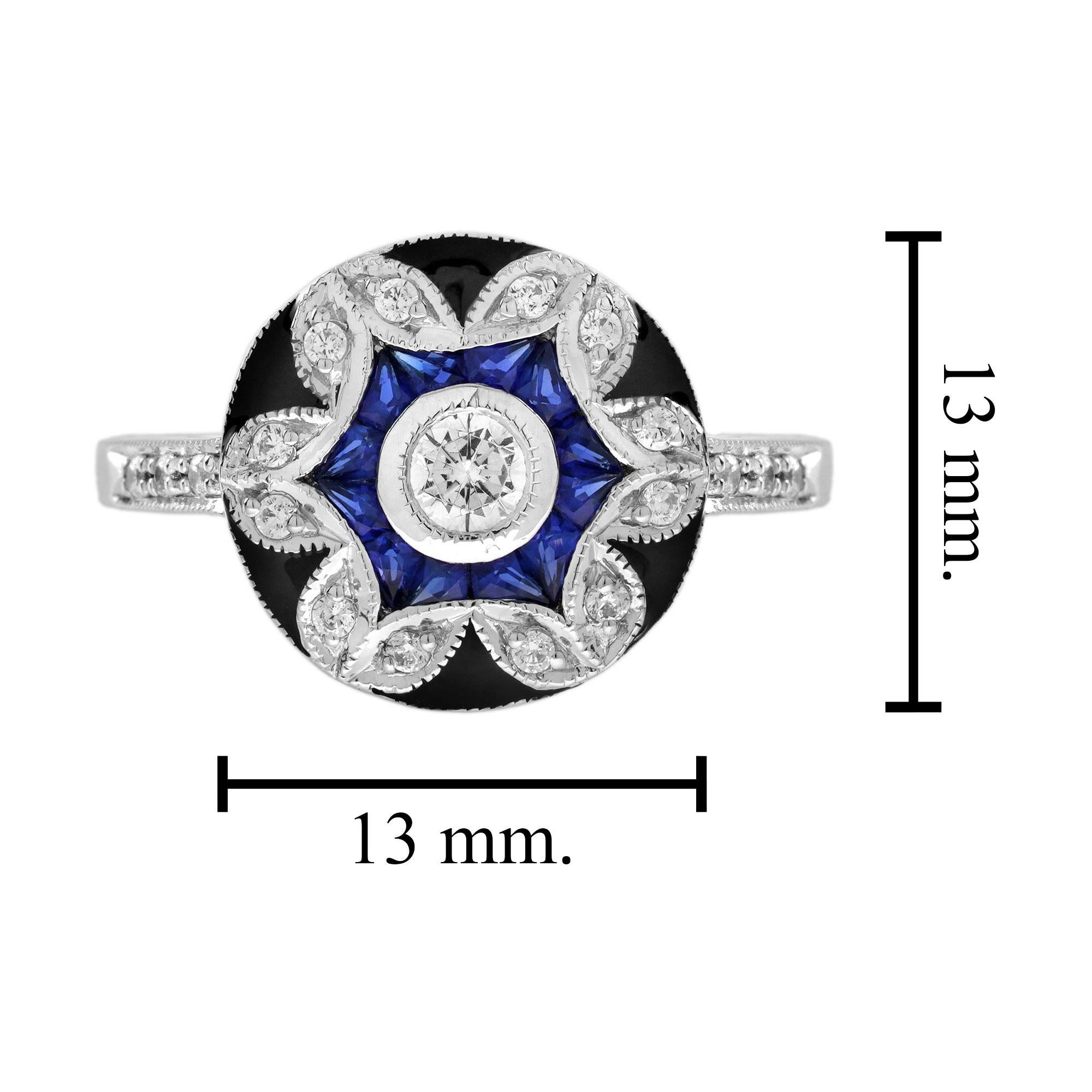 Anello con diamante e zaffiro blu, stile antico, con smalto floreale e aureola in oro bianco 18 carati in vendita 1