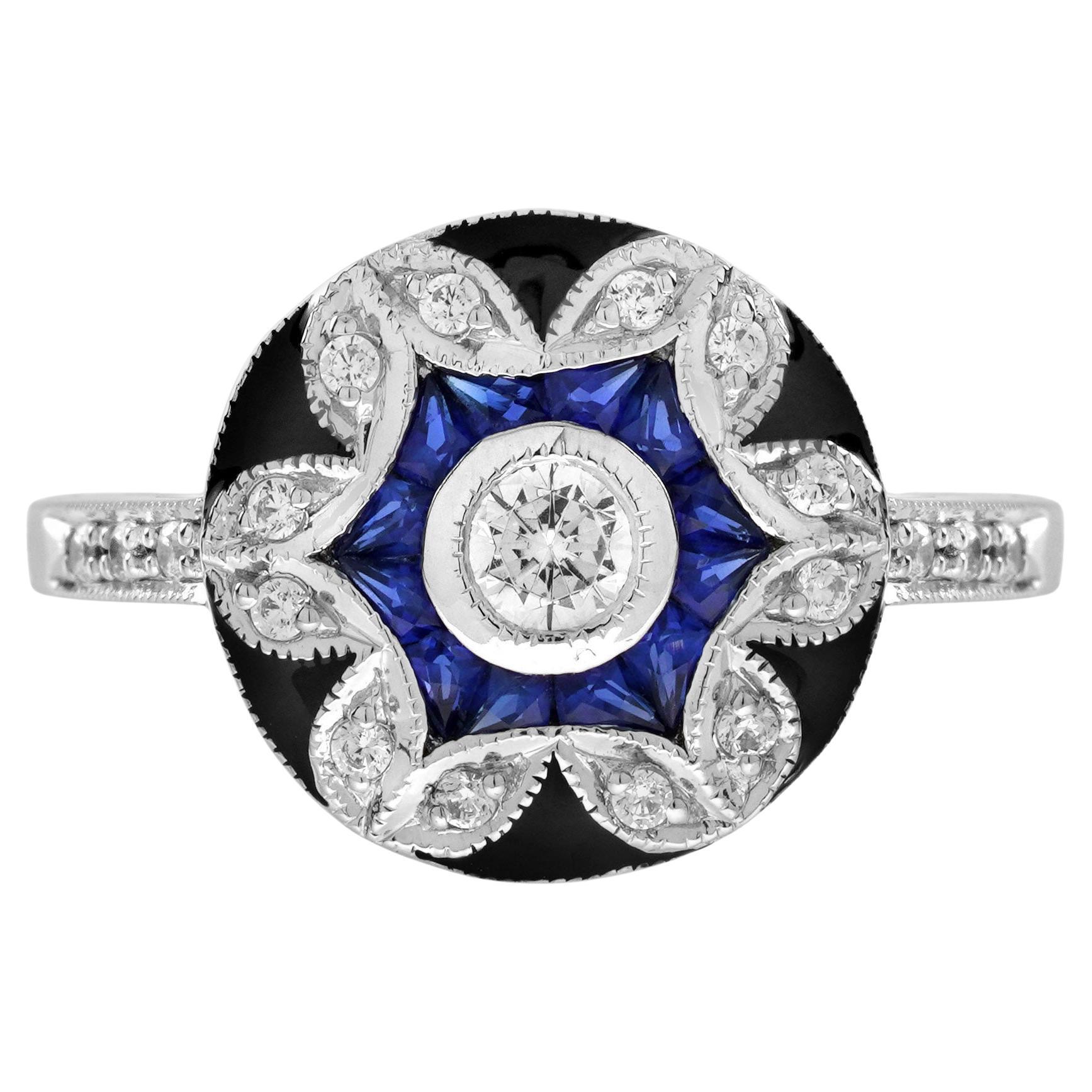 Diamond Blue Sapphire Antique Style Floral Enamel Halo Ring in 18K White Gold