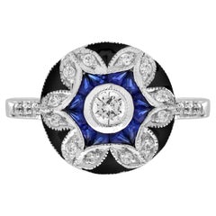 Diamond Blue Sapphire Antique Style Floral Enamel Halo Ring in 18K White Gold