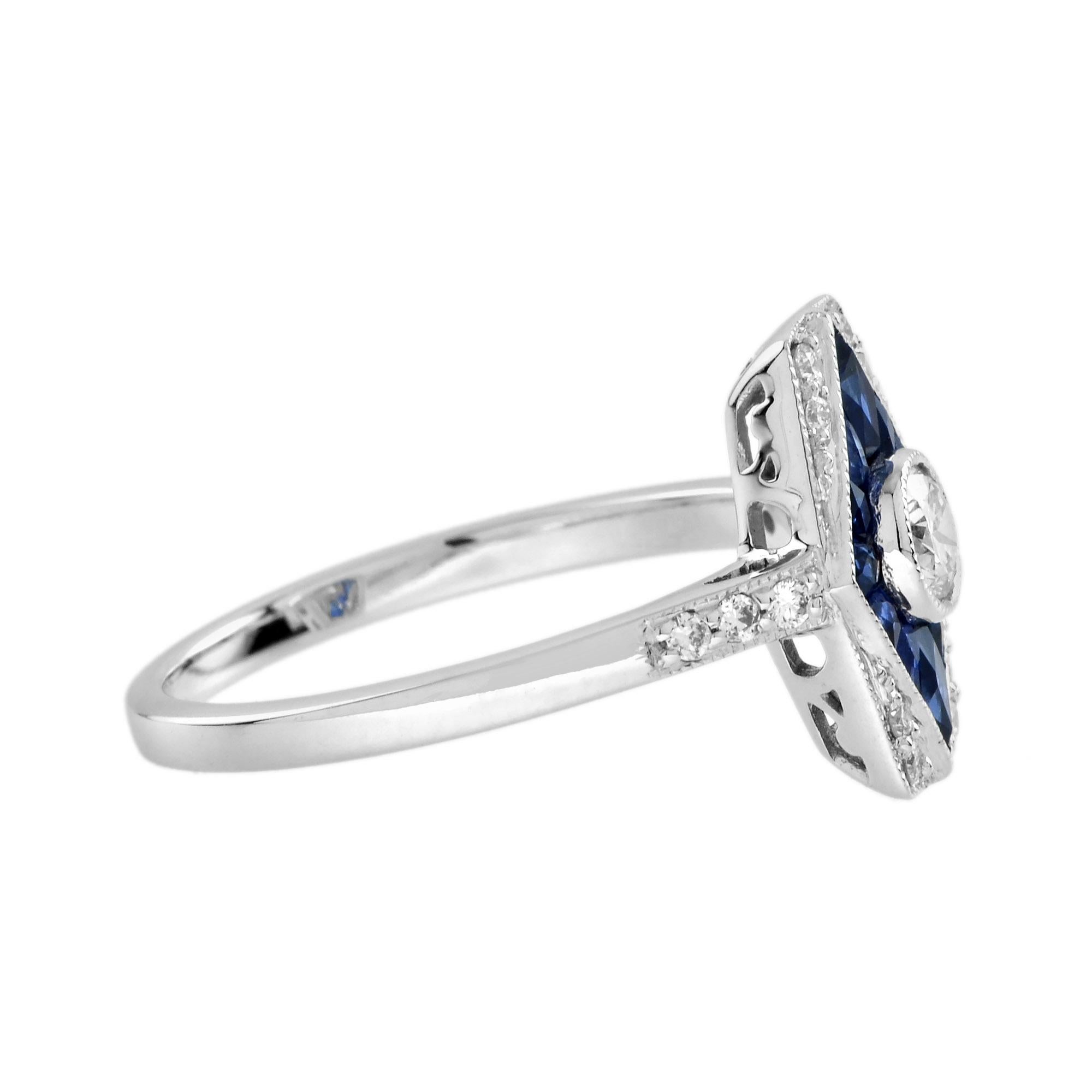 Art déco Bague de fiançailles en or blanc 14K avec diamant et saphir bleu d'inspiration Art Déco en vente