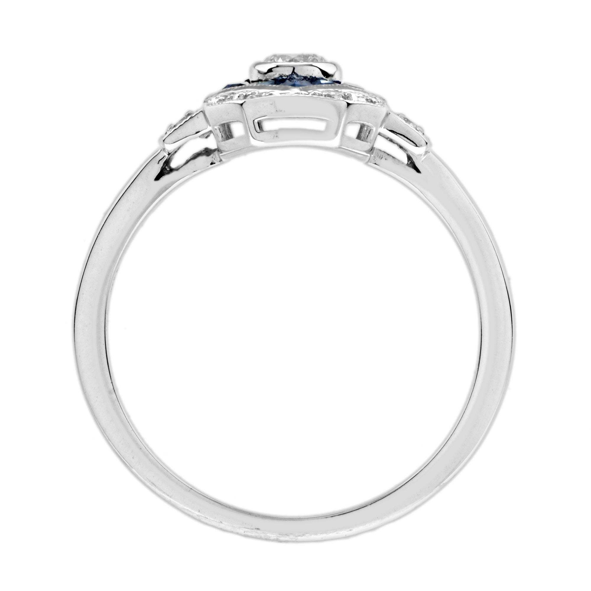 Taille ronde Bague de fiançailles en or blanc 14K avec diamant et saphir bleu d'inspiration Art Déco en vente