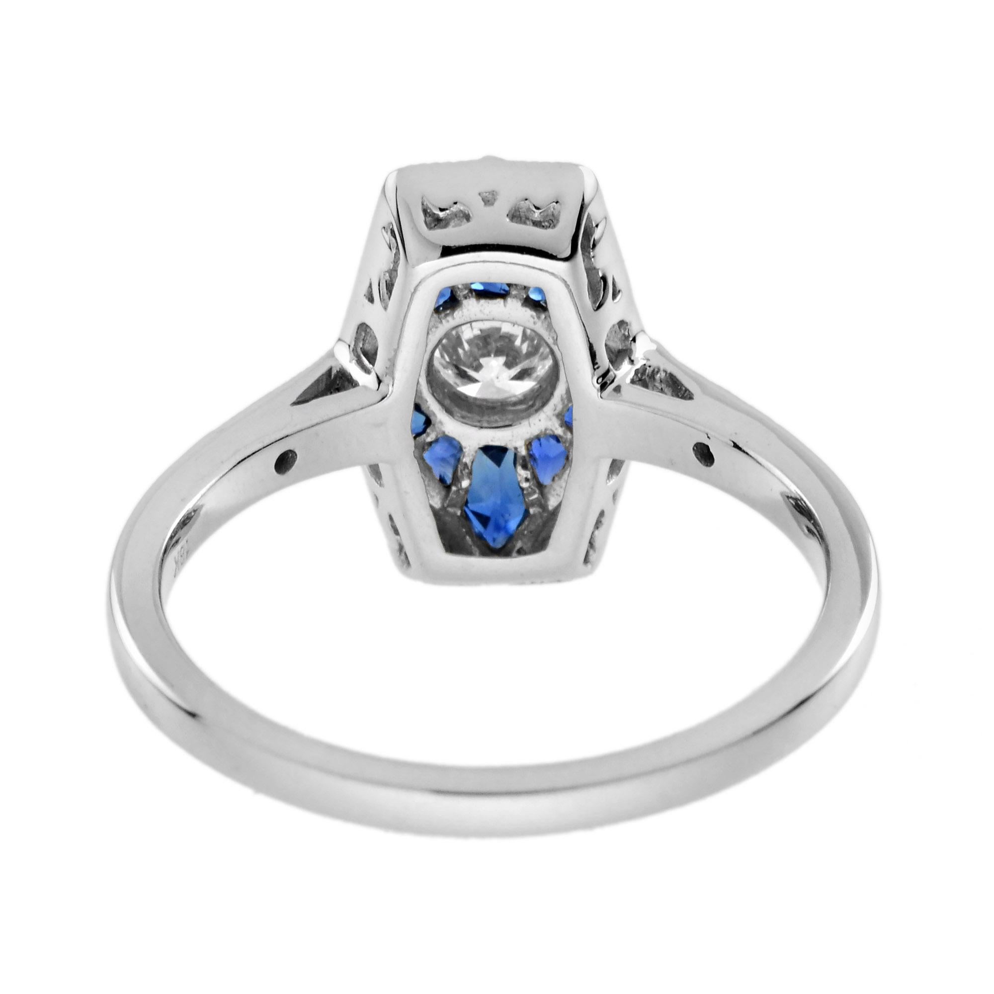Taille ronde Bague de fiançailles en or blanc 14K avec diamant et saphir bleu d'inspiration Art Déco en vente