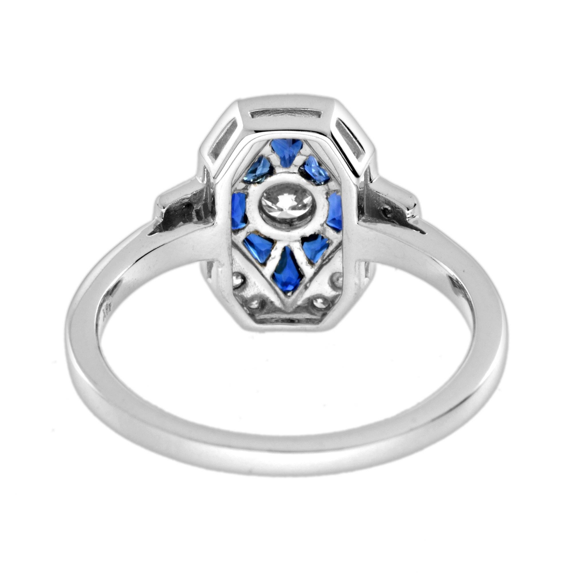 Bague de fiançailles en or blanc 14K avec diamant et saphir bleu d'inspiration Art Déco Neuf - En vente à Oakton, VA