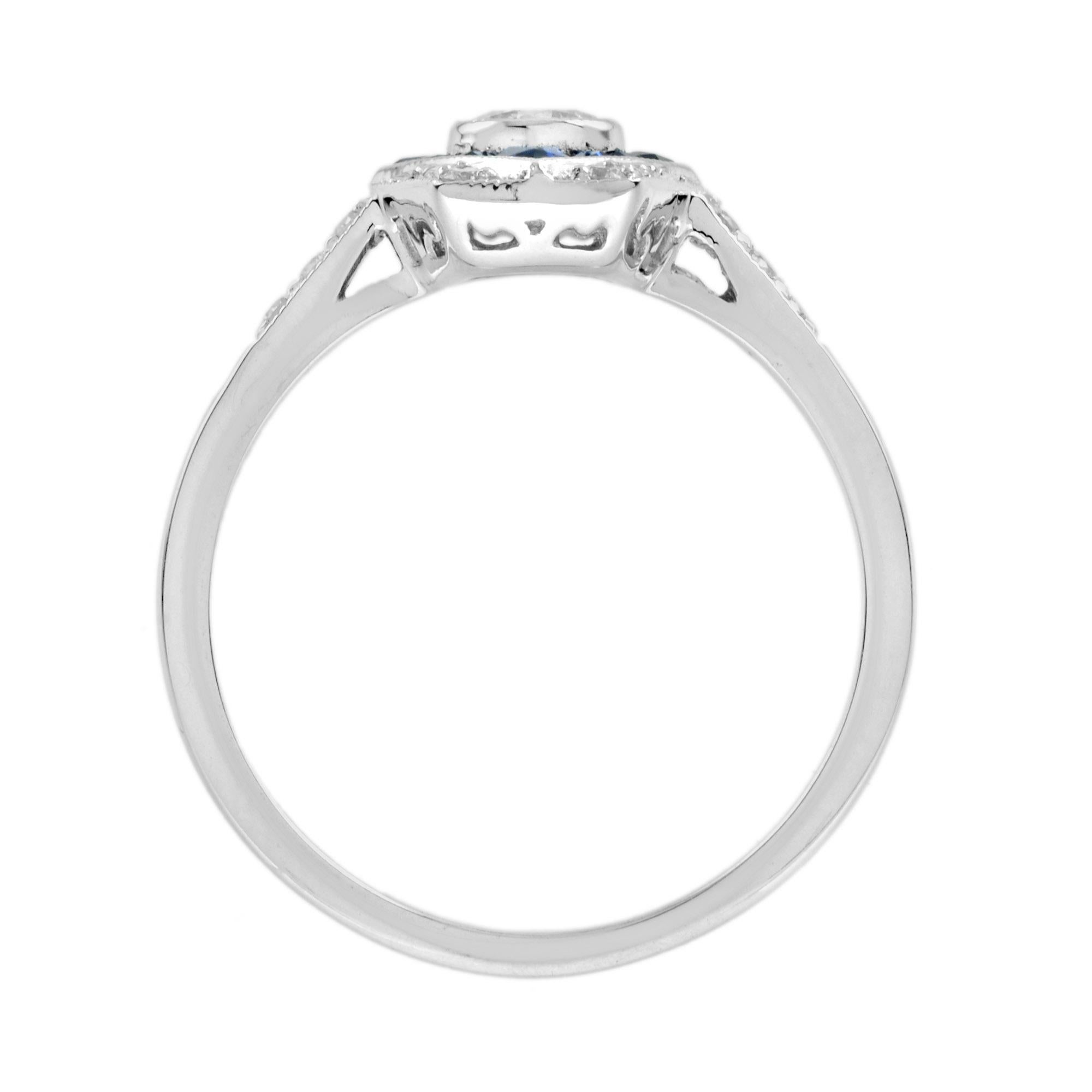 Bague de fiançailles en or blanc 14K avec diamant et saphir bleu d'inspiration Art Déco Neuf - En vente à Oakton, VA