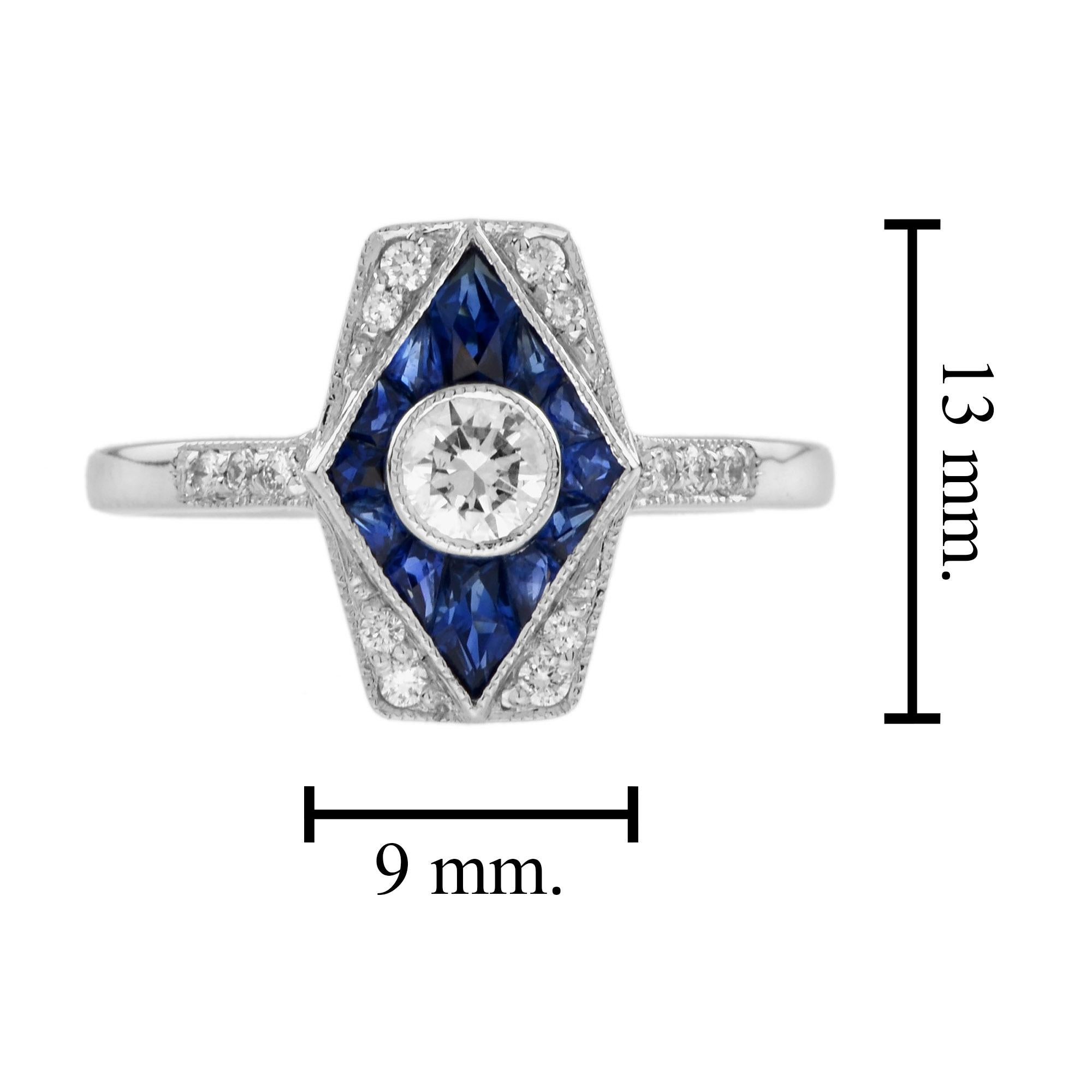 Bague de fiançailles en or blanc 14K avec diamant et saphir bleu d'inspiration Art Déco Unisexe en vente