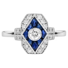 Diamond & Blue Sapphire Art Deco Inspired Style Engagement 14K White Gold Ring