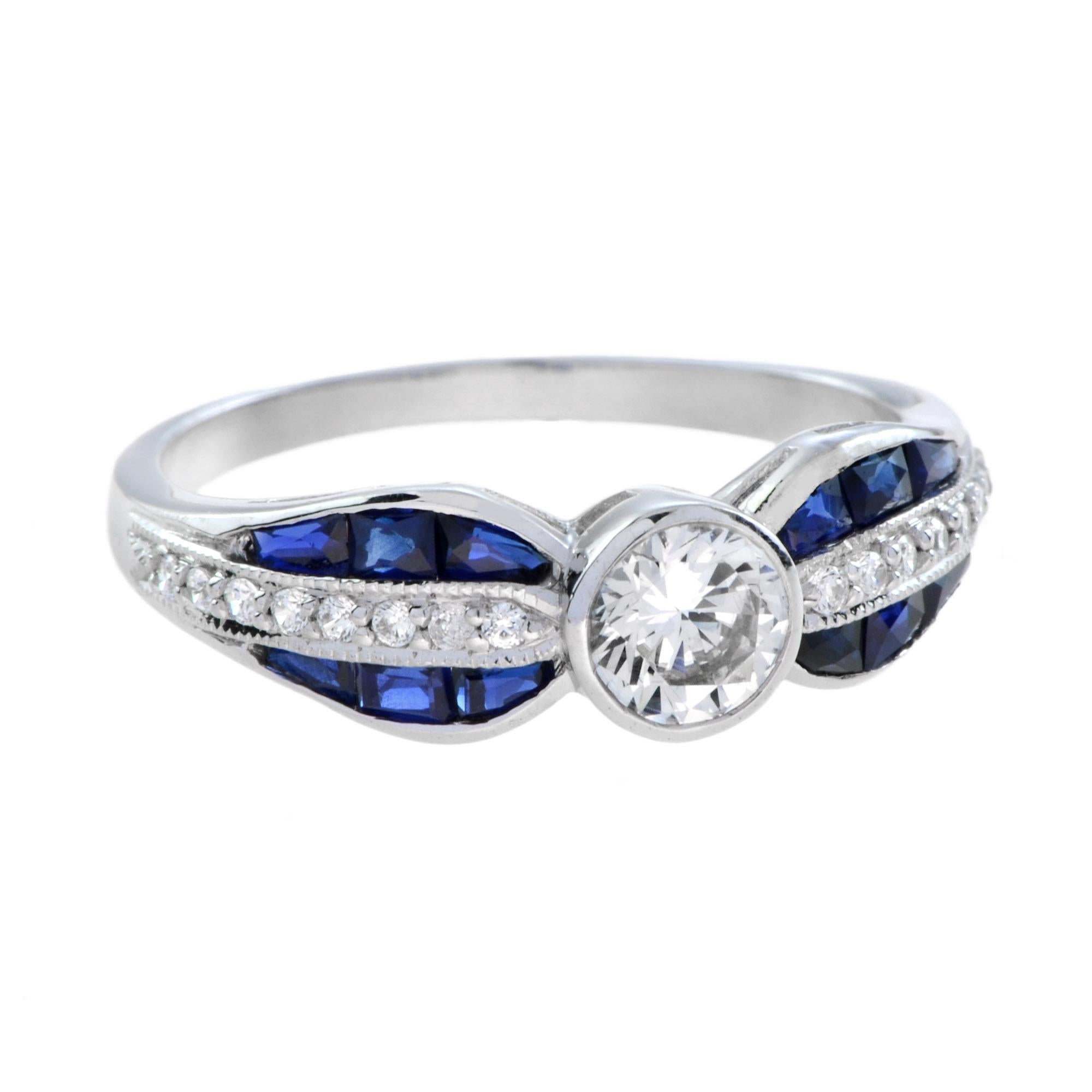 Diamond and sapphire ring showcases one round cut diamond weighing approximately 0.5 carat, having H color grade and SI clarity grade. Interspersed with 16 round cut diamonds and displaying 12 French cut sapphires accents weighing a total of 1.56