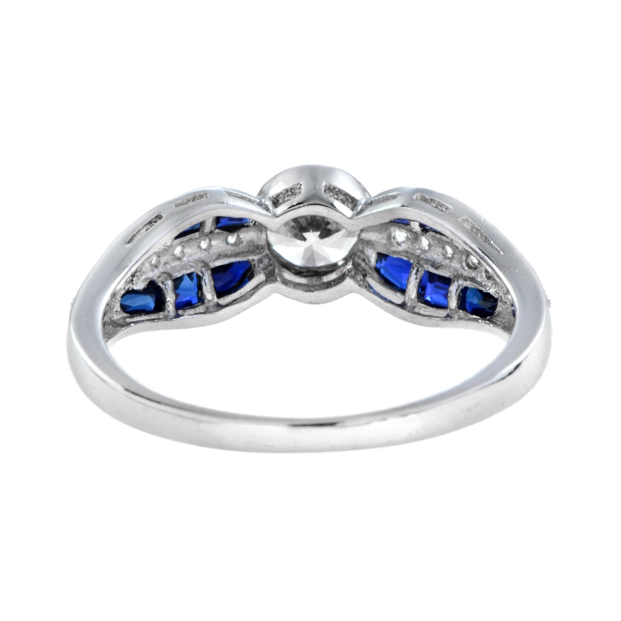 Taglio rotondo Diamond & Blue Sapphire Art Deco Style 18K White Gold Vintage Style Ring in vendita