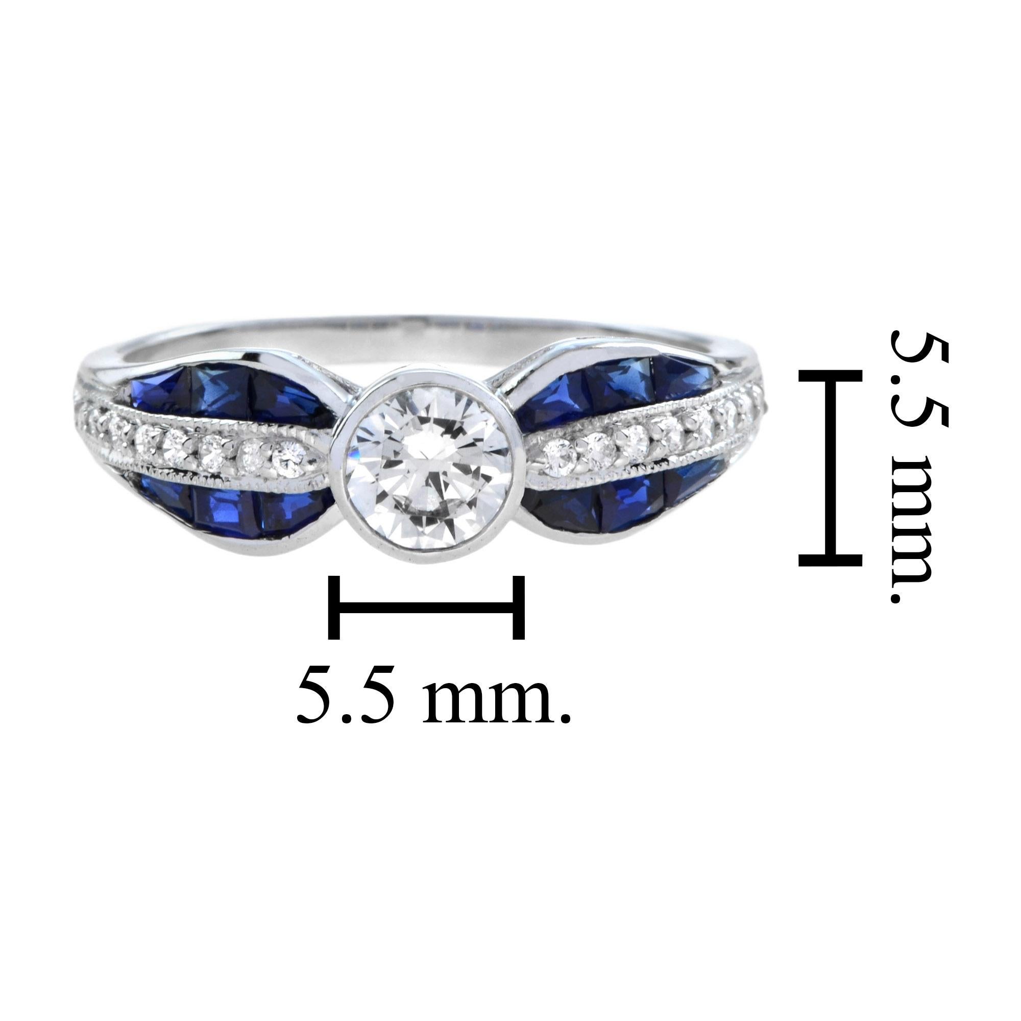 Diamond & Blue Sapphire Art Deco Style 18K White Gold Vintage Style Ring in vendita 2