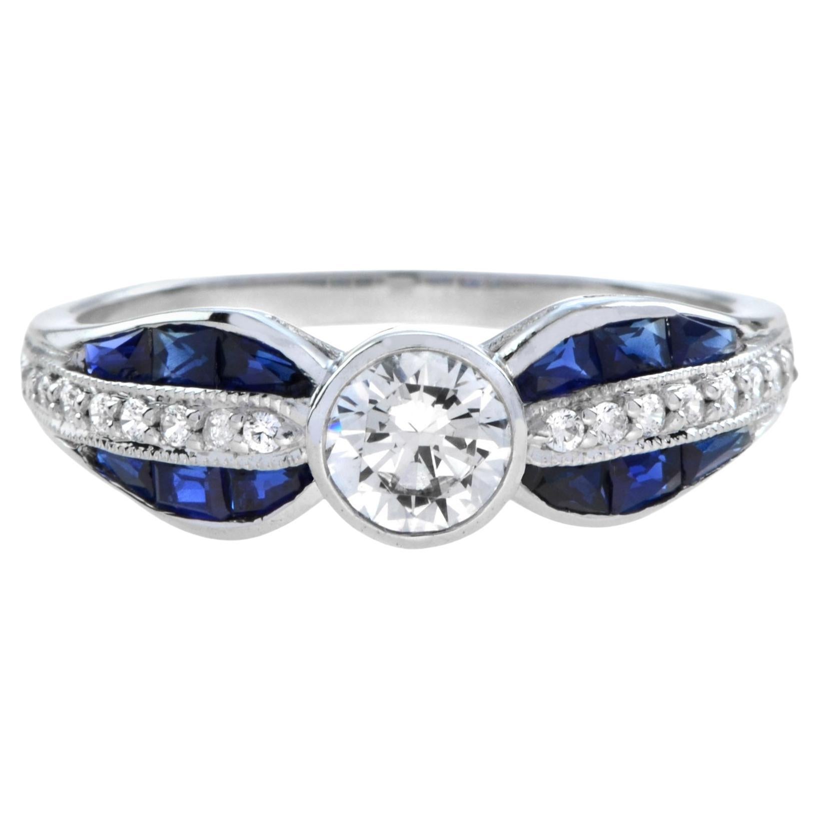 Diamond & Blue Sapphire Art Deco Style 18K White Gold Vintage Style Ring