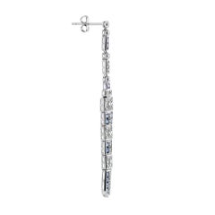 Diamond & Blue Sapphire Art Deco Style Bar Drop White Gold Dangle Drop Earrings