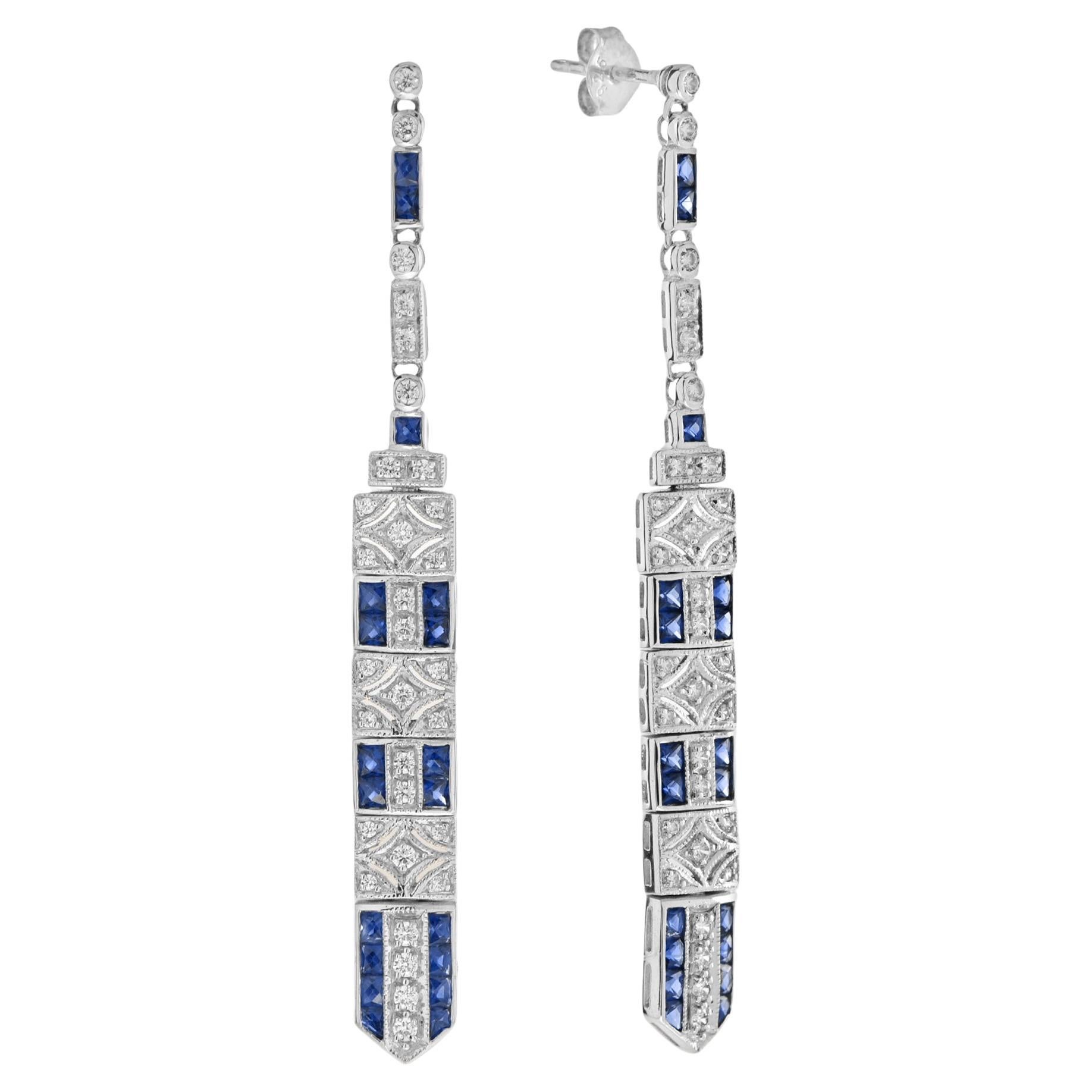 Diamond & Blue Sapphire Art Deco Style Bar Drop White Gold Dangle Drop Earrings