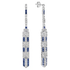 Diamond & Blue Sapphire Art Deco Style Bar Drop White Gold Dangle Drop Earrings