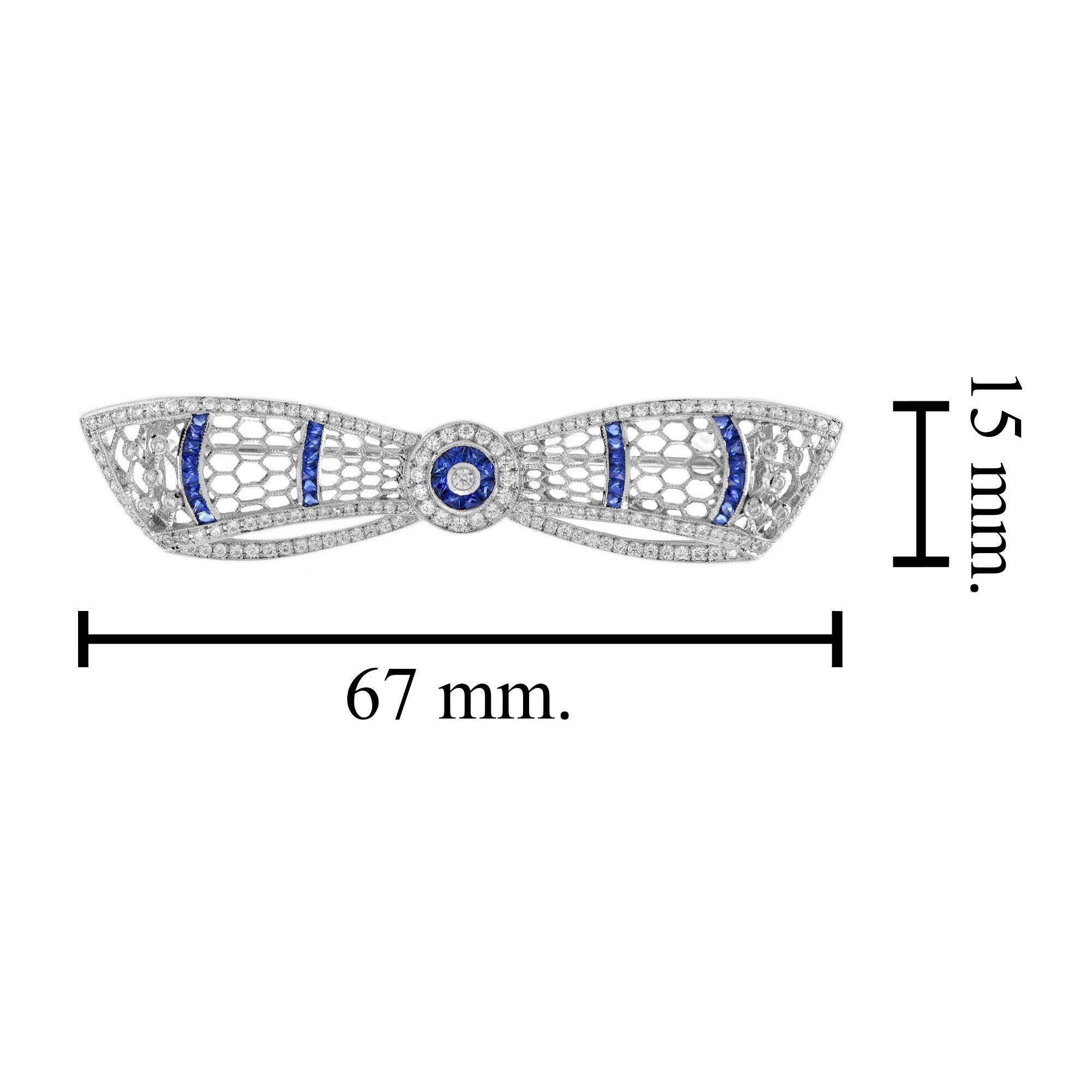 Diamond & Blue Sapphire Art Deco Style Bow Crown 14K White Gold Pin Brooch In New Condition For Sale In Oakton, VA