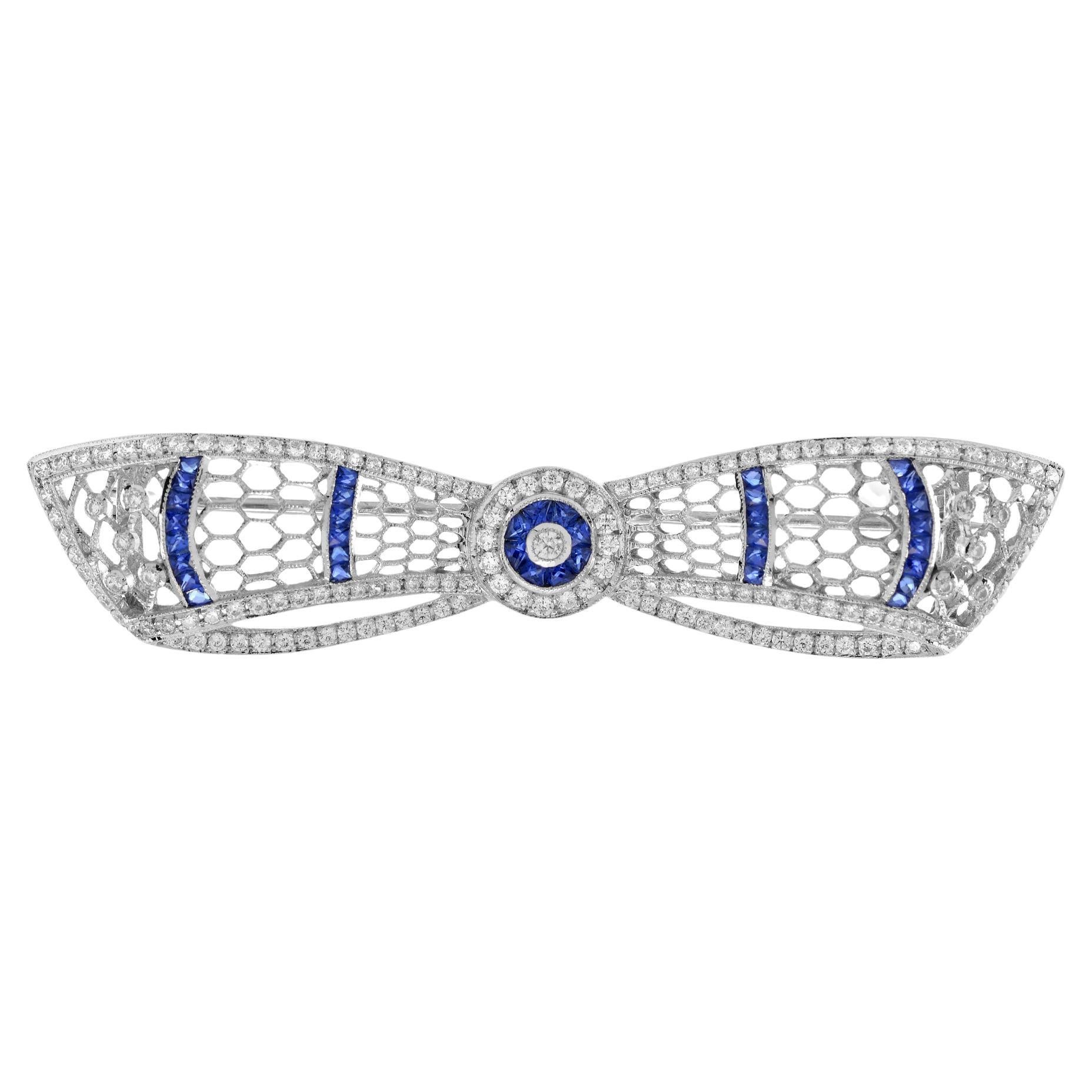 Diamond & Blue Sapphire Art Deco Style Bow Crown 14K White Gold Pin Brooch For Sale