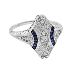 Diamond & Blue Sapphire Art Deco Style Cluster 14K White Gold Ring