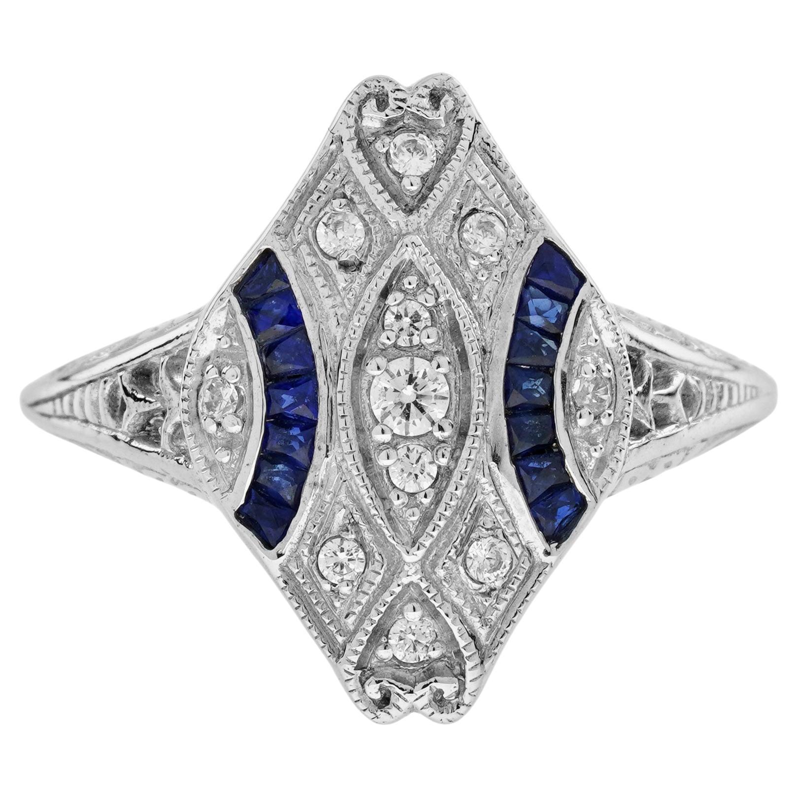 Bague en or blanc 14K avec diamant et saphir bleu de style Art Déco
