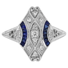 Bague en or blanc 14K avec diamant et saphir bleu de style Art Déco