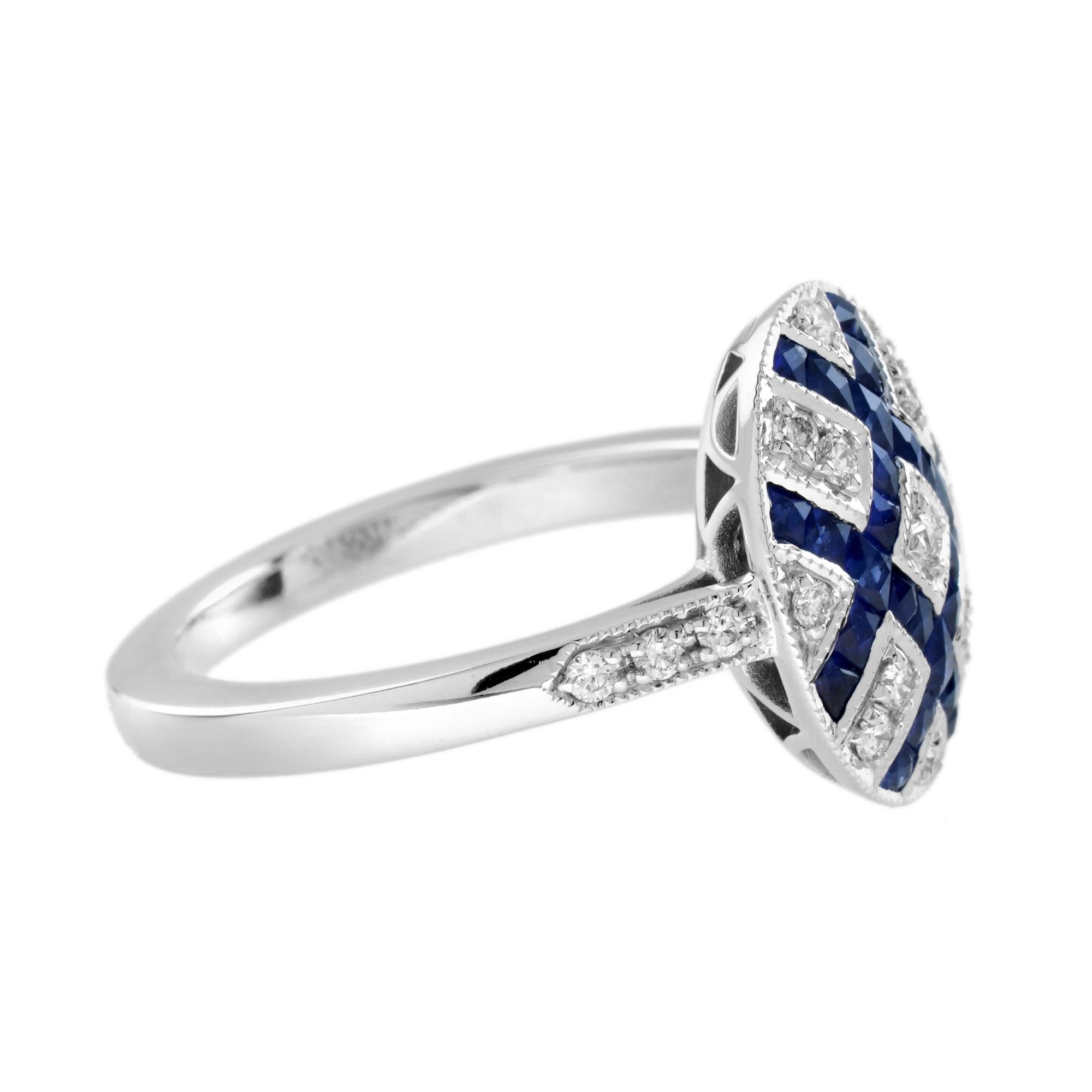 Diamond Blue Sapphire Art Deco Style Cluster Ring in 18K White Gold In New Condition For Sale In Bangkok, TH
