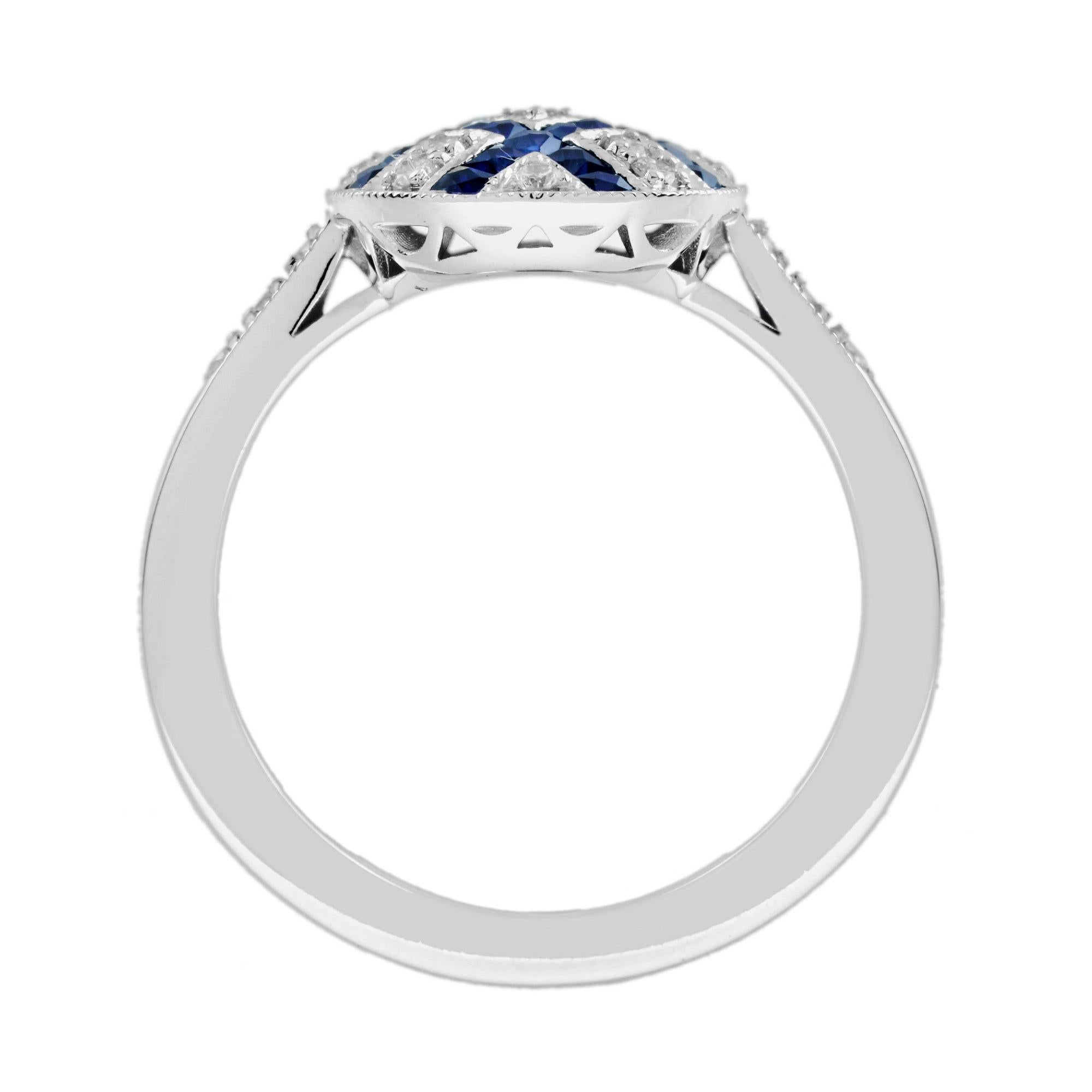 Diamond Blue Sapphire Art Deco Style Cluster Ring in 18K White Gold For Sale 1