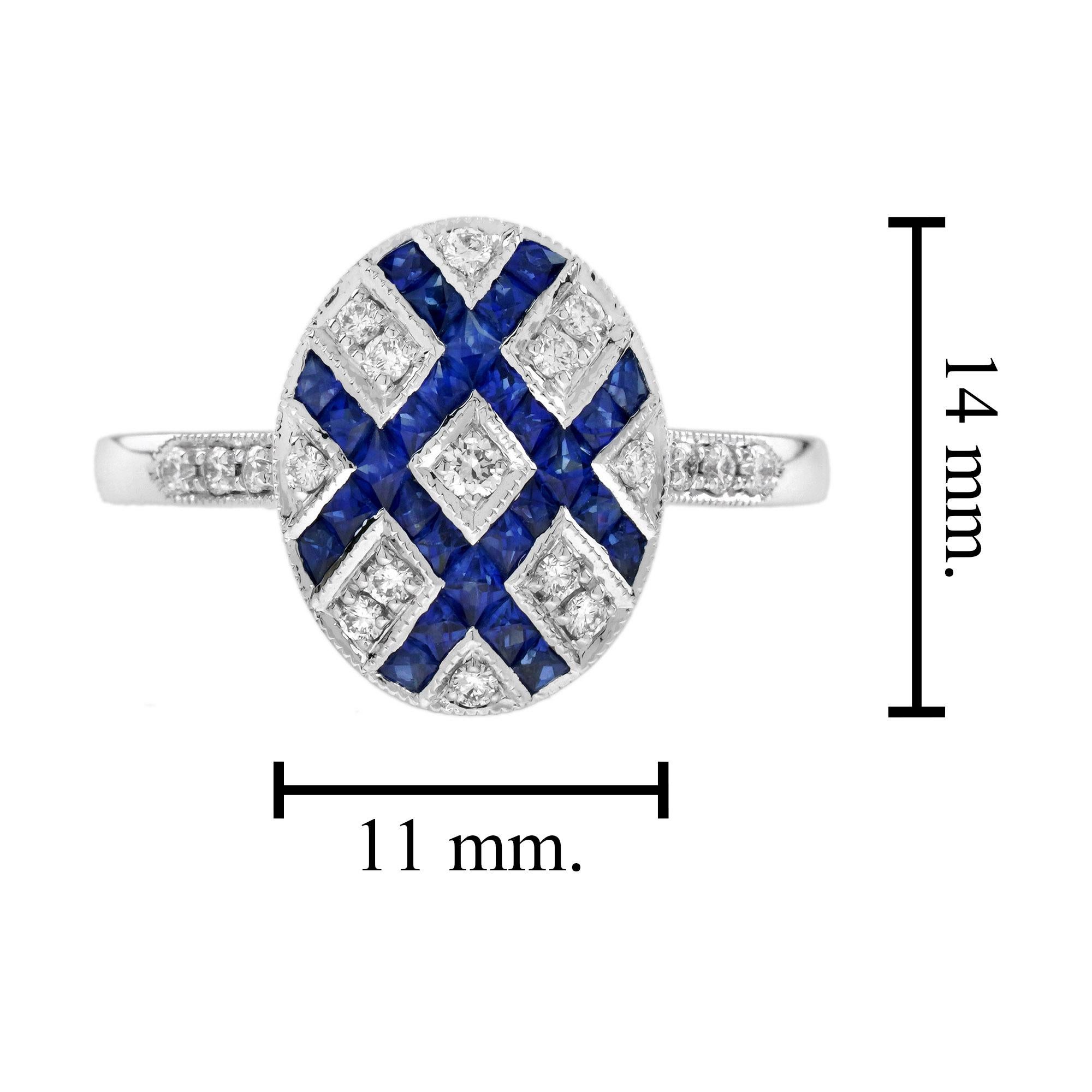 Diamond Blue Sapphire Art Deco Style Cluster Ring in 18K White Gold For Sale 2