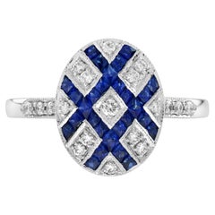 Diamond Blue Sapphire Art Deco Style Cluster Ring in 18K White Gold