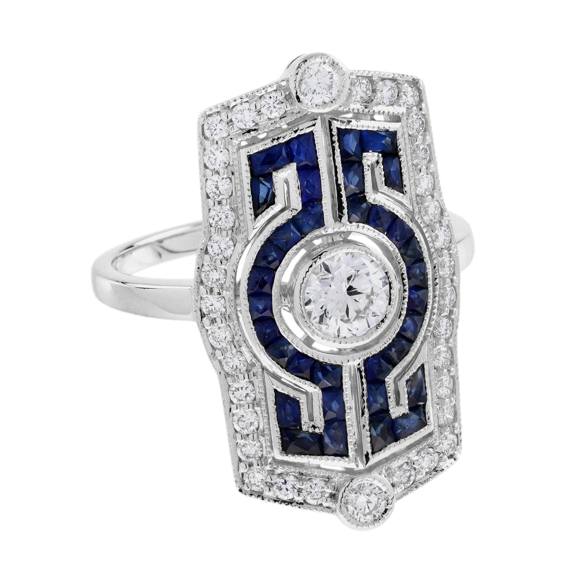 Bague de table en or blanc 18 carats, diamant, saphir bleu, style Art déco en vente 2