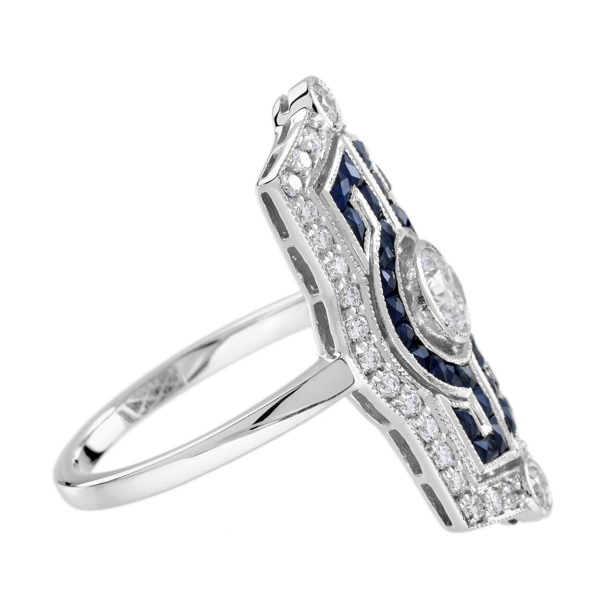 Bague de table en or blanc 18 carats, diamant, saphir bleu, style Art déco en vente 3