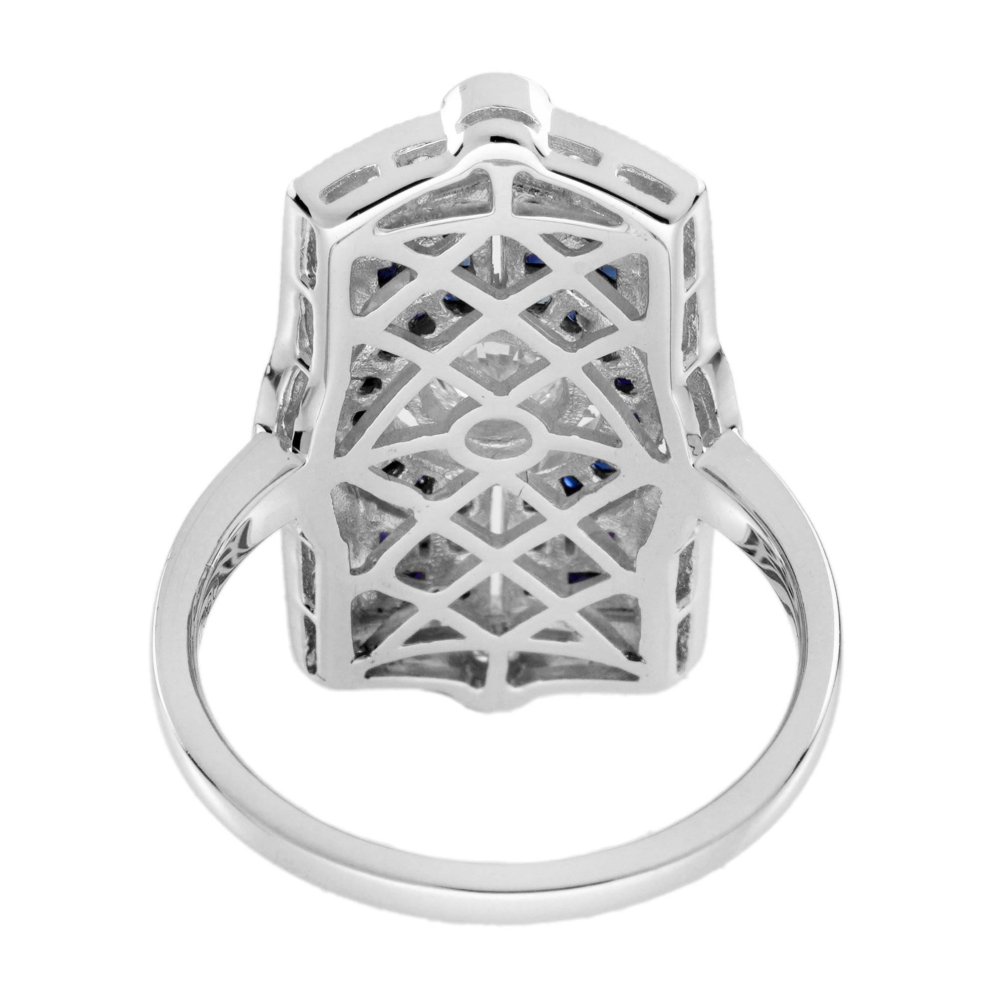 Bague de table en or blanc 18 carats, diamant, saphir bleu, style Art déco en vente 4
