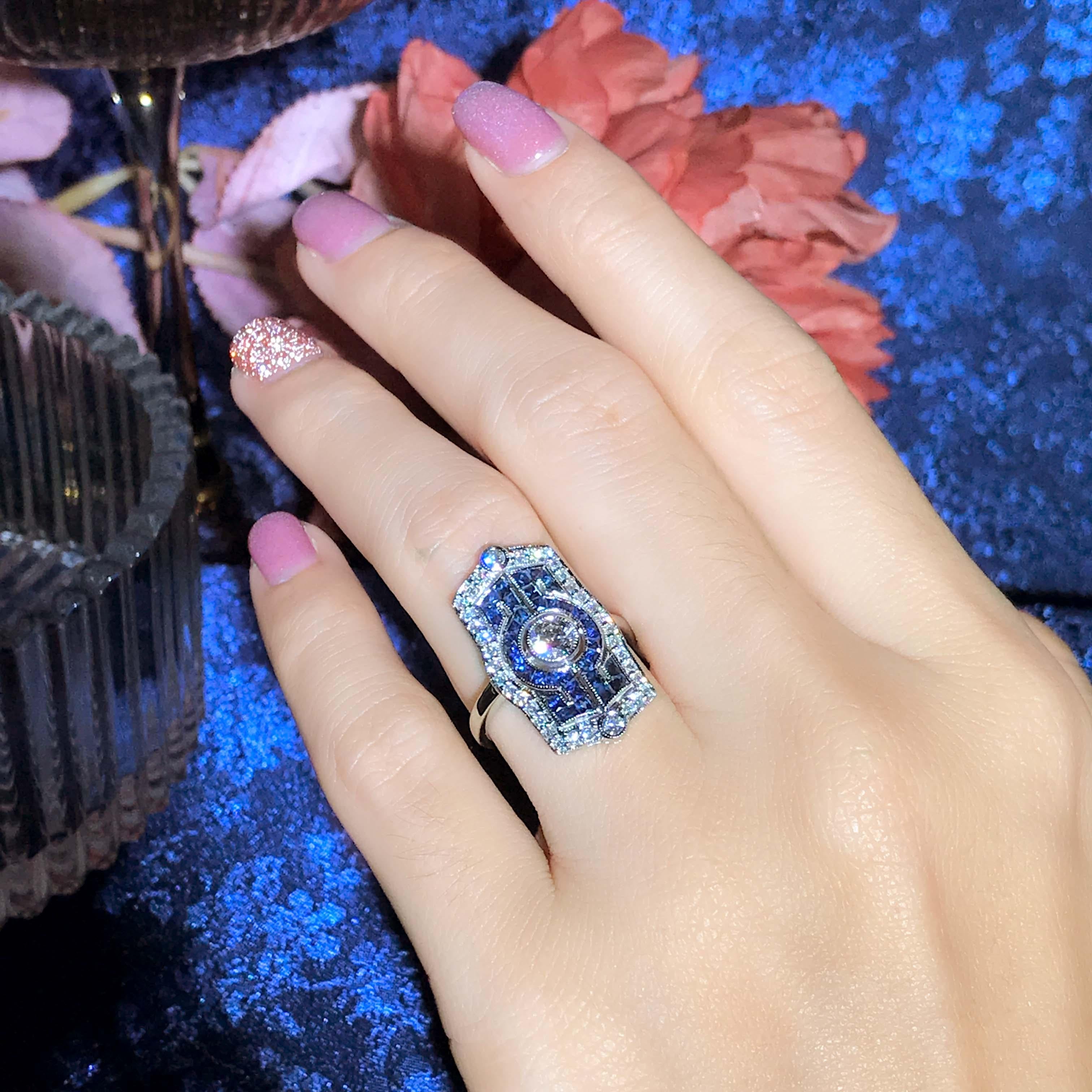 Bague de table en or blanc 18 carats, diamant, saphir bleu, style Art déco Pour femmes en vente