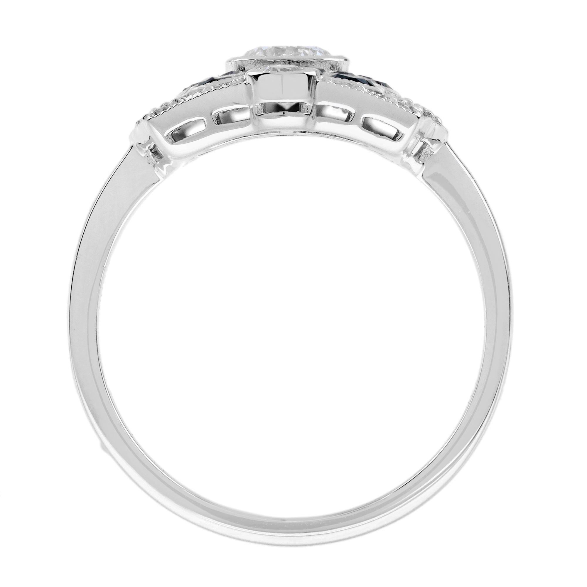 Bague de table en or blanc 18 carats, diamant, saphir bleu, style Art déco en vente 5