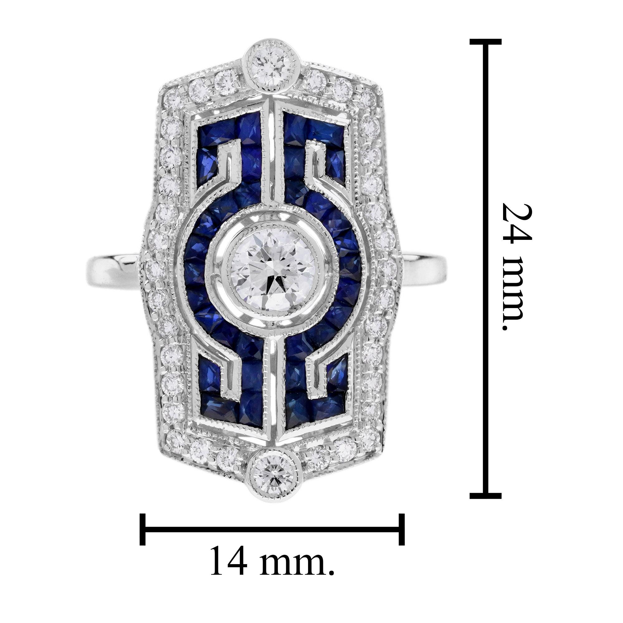 Bague de table en or blanc 18 carats, diamant, saphir bleu, style Art déco en vente 6