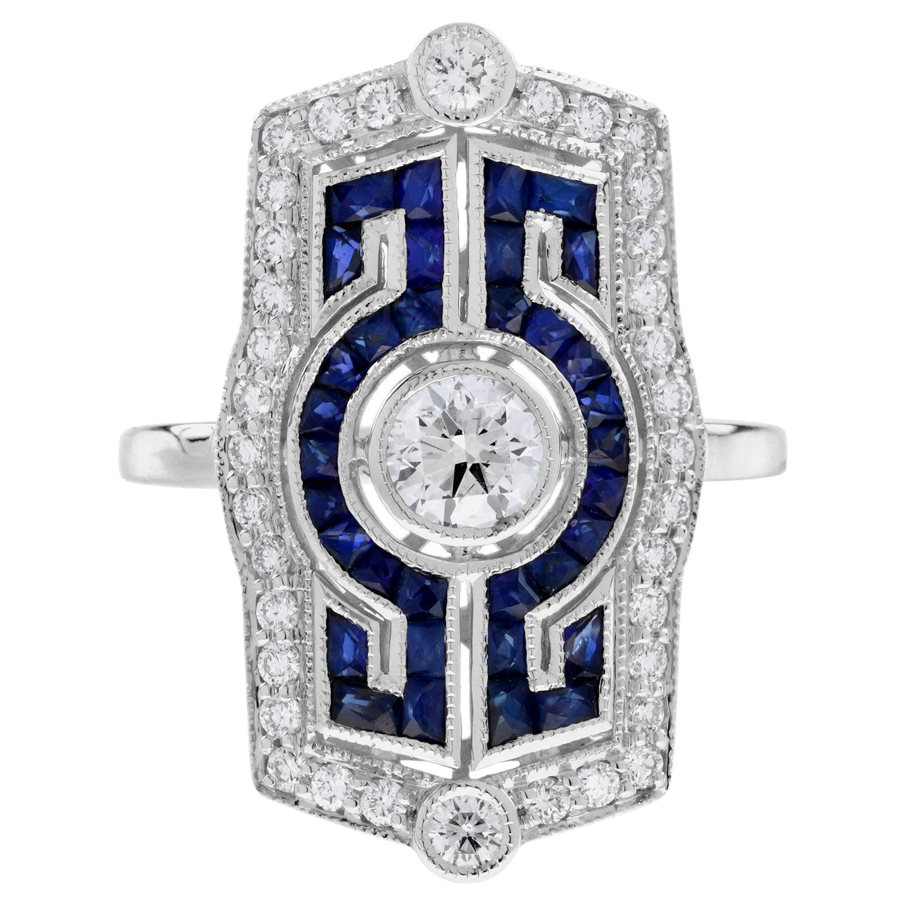Diamond Blue Sapphire Art Deco Style Dinner Ring in 18K White Gold