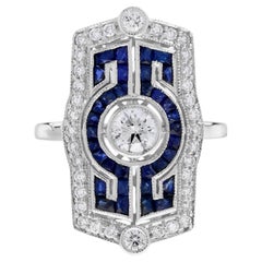 Diamond Blue Sapphire Art Deco Style Dinner Ring in 18K White Gold