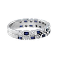 Diamond & Blue Sapphire Art Deco Style Double Row Half Eternity White Gold Ring