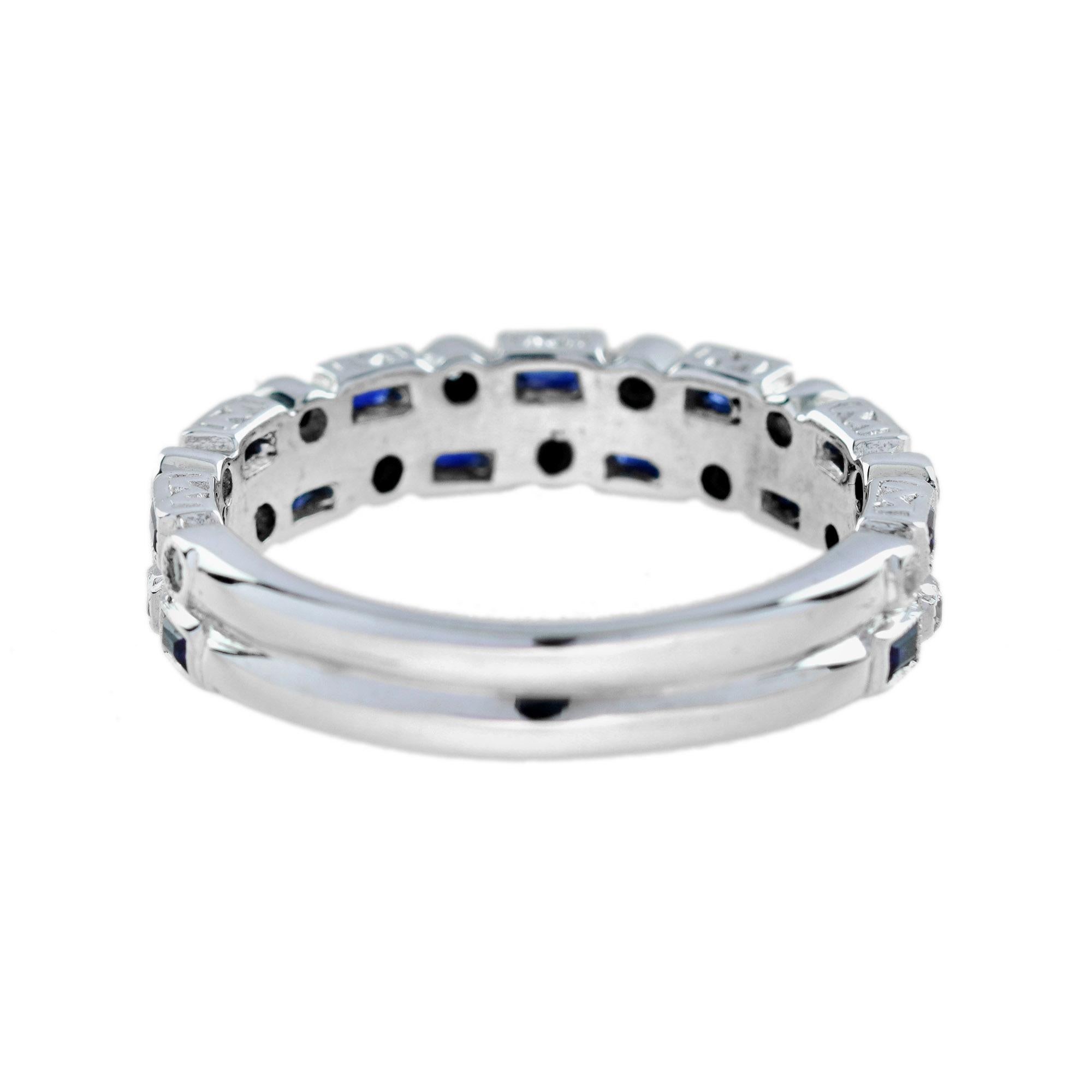 Anillo de oro blanco de doble hilera de media eternidad con diamantes y zafiro azul estilo Art Déco Art Decó en venta